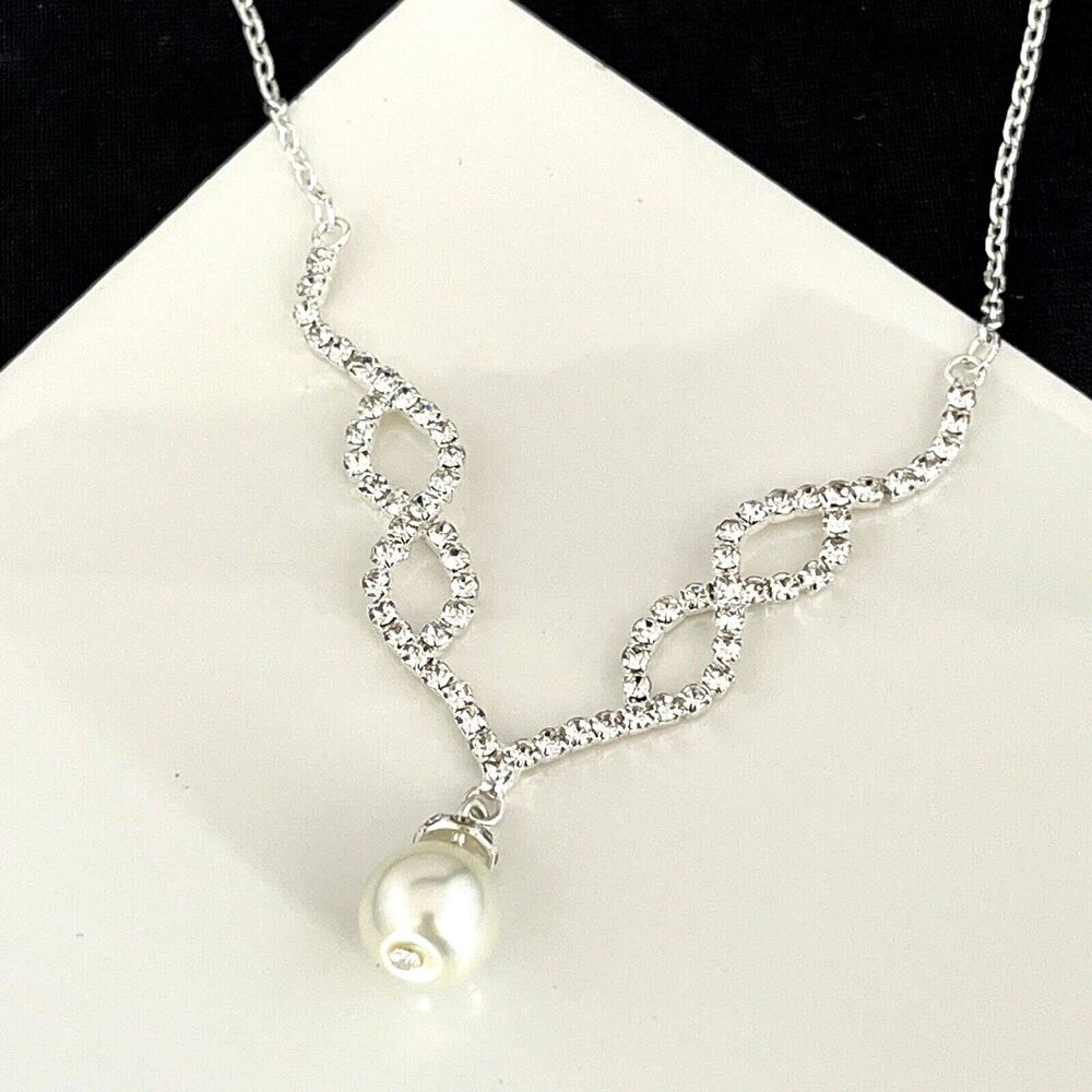 New Silver Tone Crystal Necklace Simulated Pearl Drop Formal Bridal - 3J